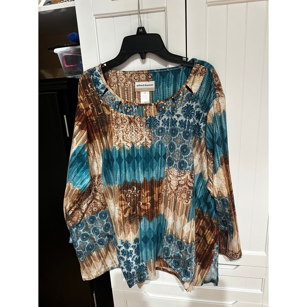 Alfred Dunner Woman 2X Teal Brown Patchwork Print Rhinestone Cutout Neck Top